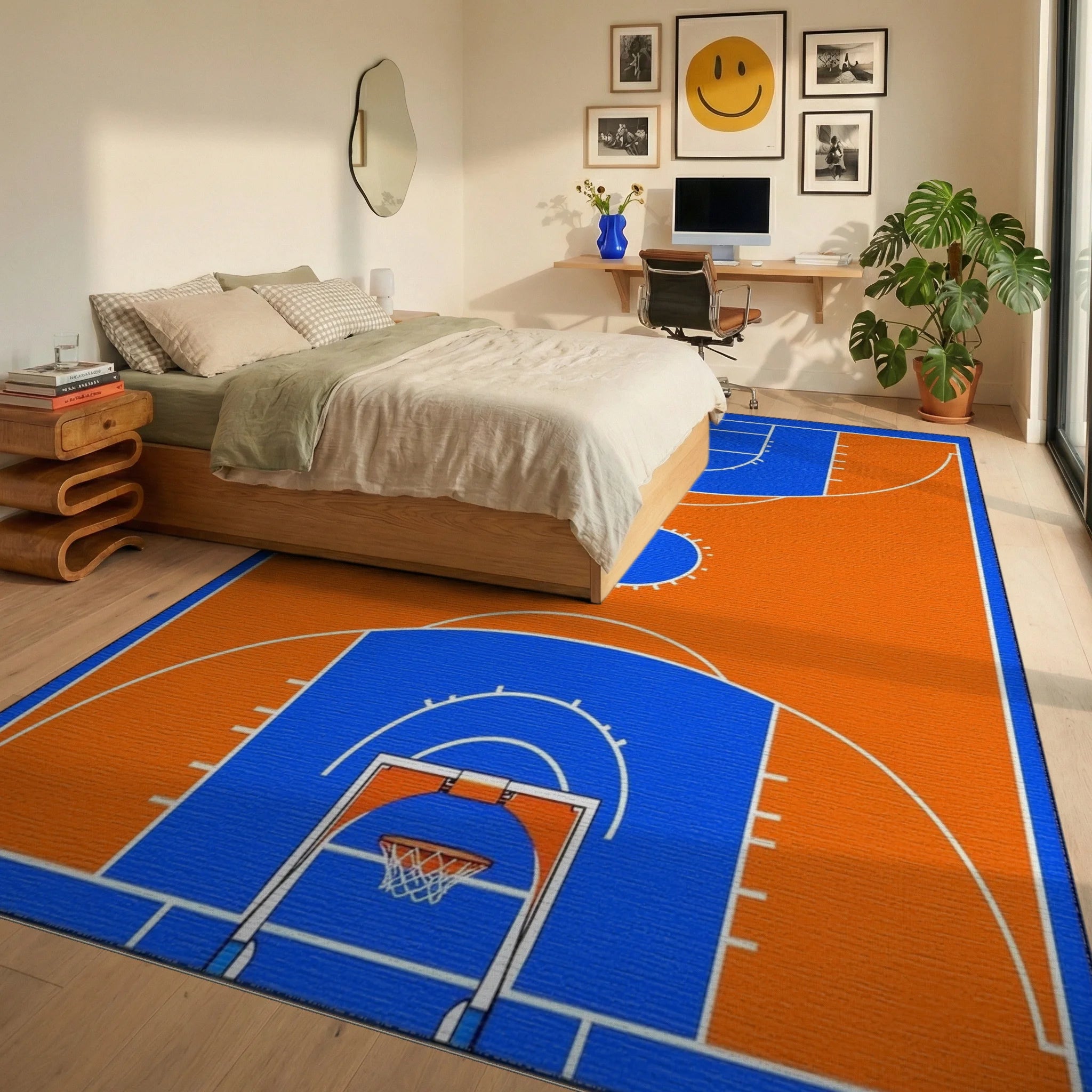 Blue Orange Basketball Court Rug - Bedroom View