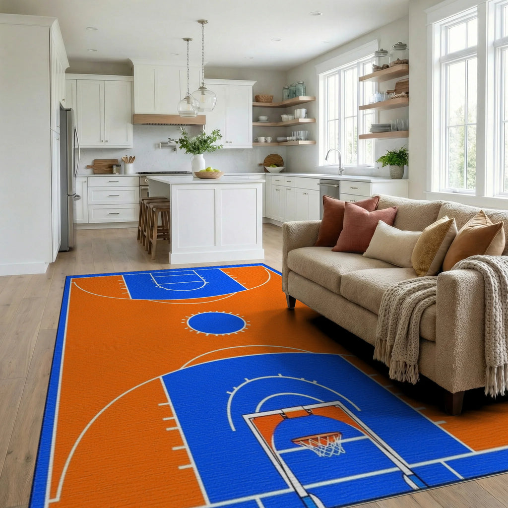 Blue Orange Basketball Court Rug - Living Room View