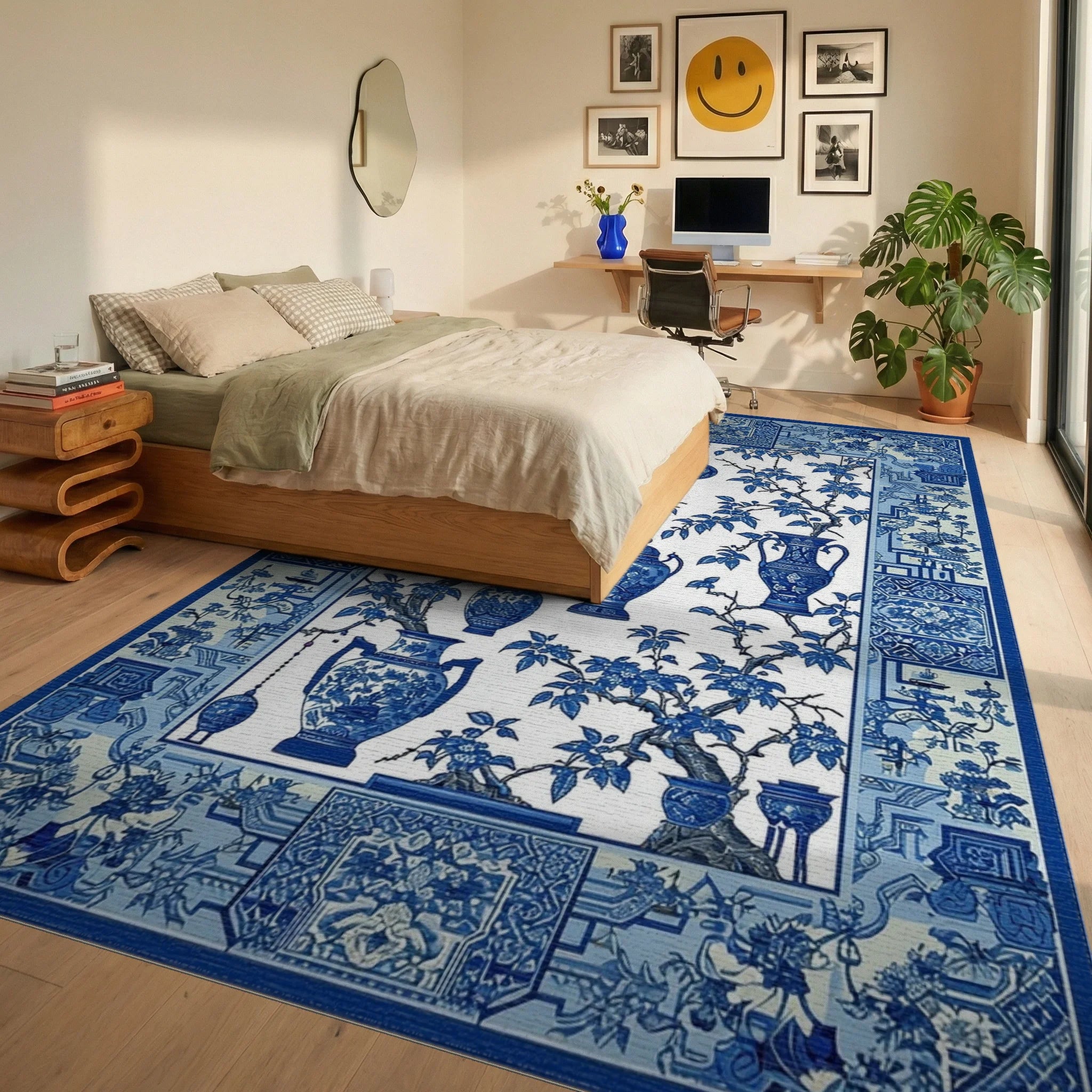 Blue Porcelain Vase Floral Branches Rug - Bedroom View