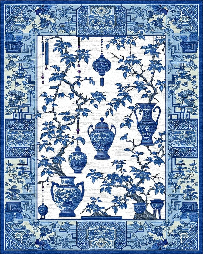 Blue Porcelain Vase Floral Branches Rug - Cutout View