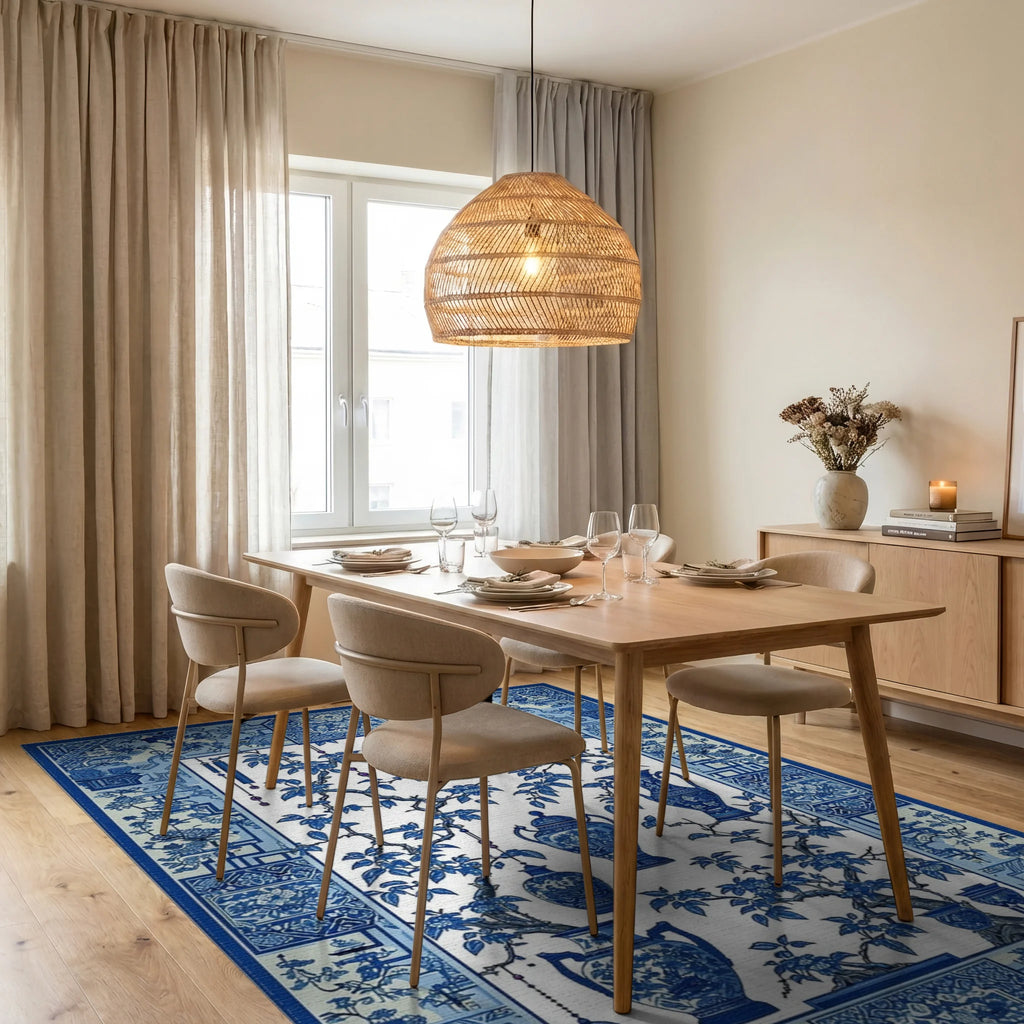 Blue Porcelain Vase Floral Branches Rug - Dining Room View