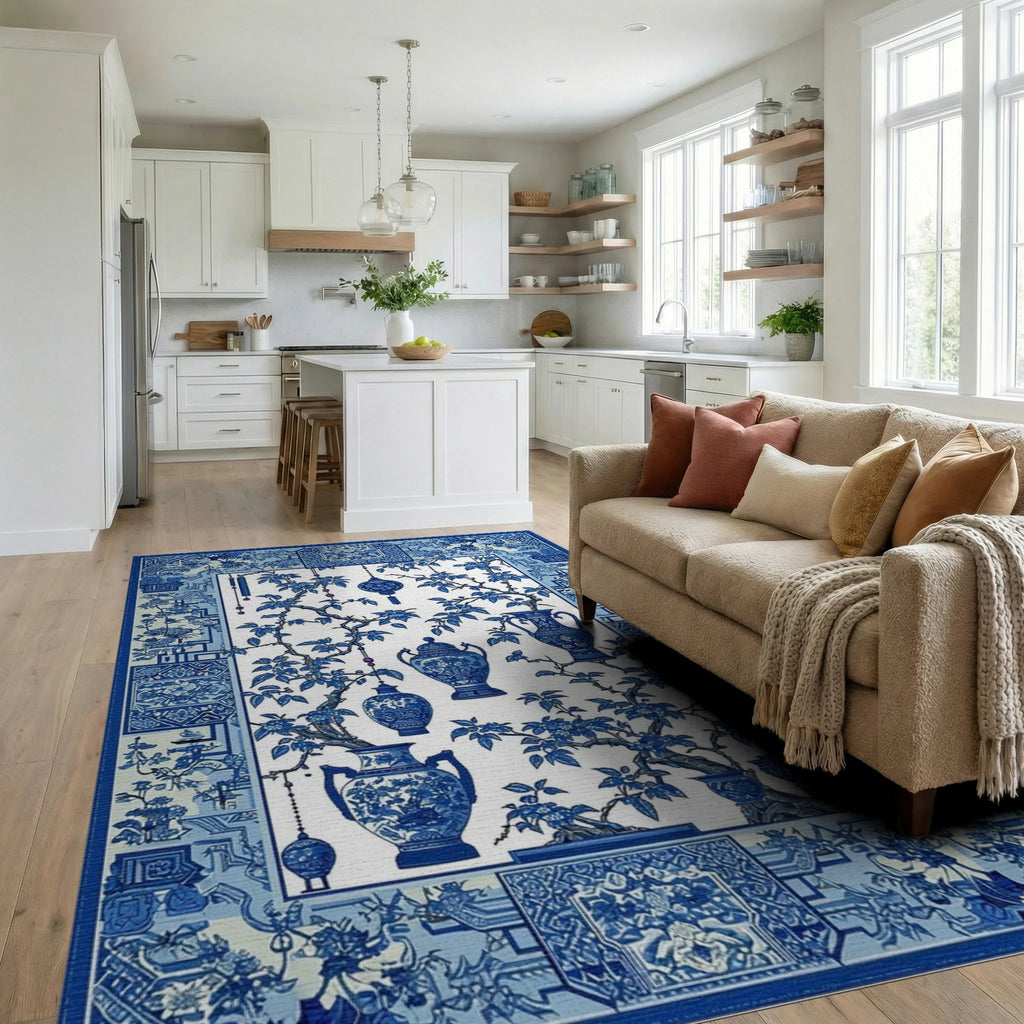 Blue Porcelain Vase Floral Branches Rug - Living Room View