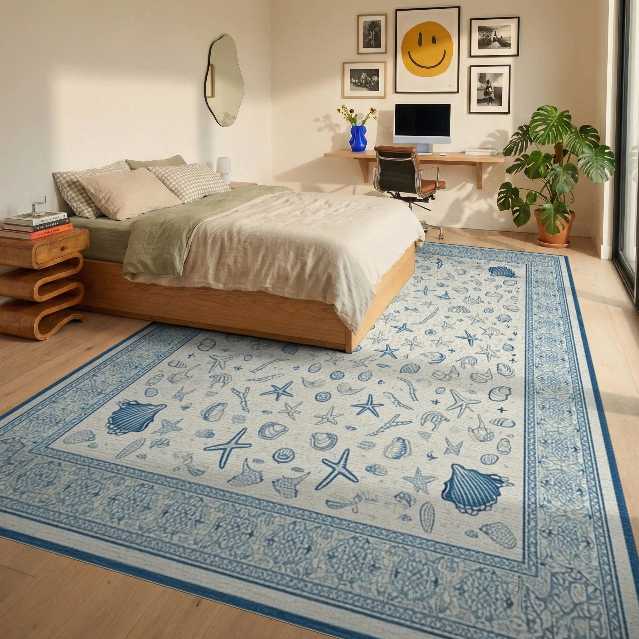 Blue Shell Starfish Coastal All Over Rug - Bedroom View