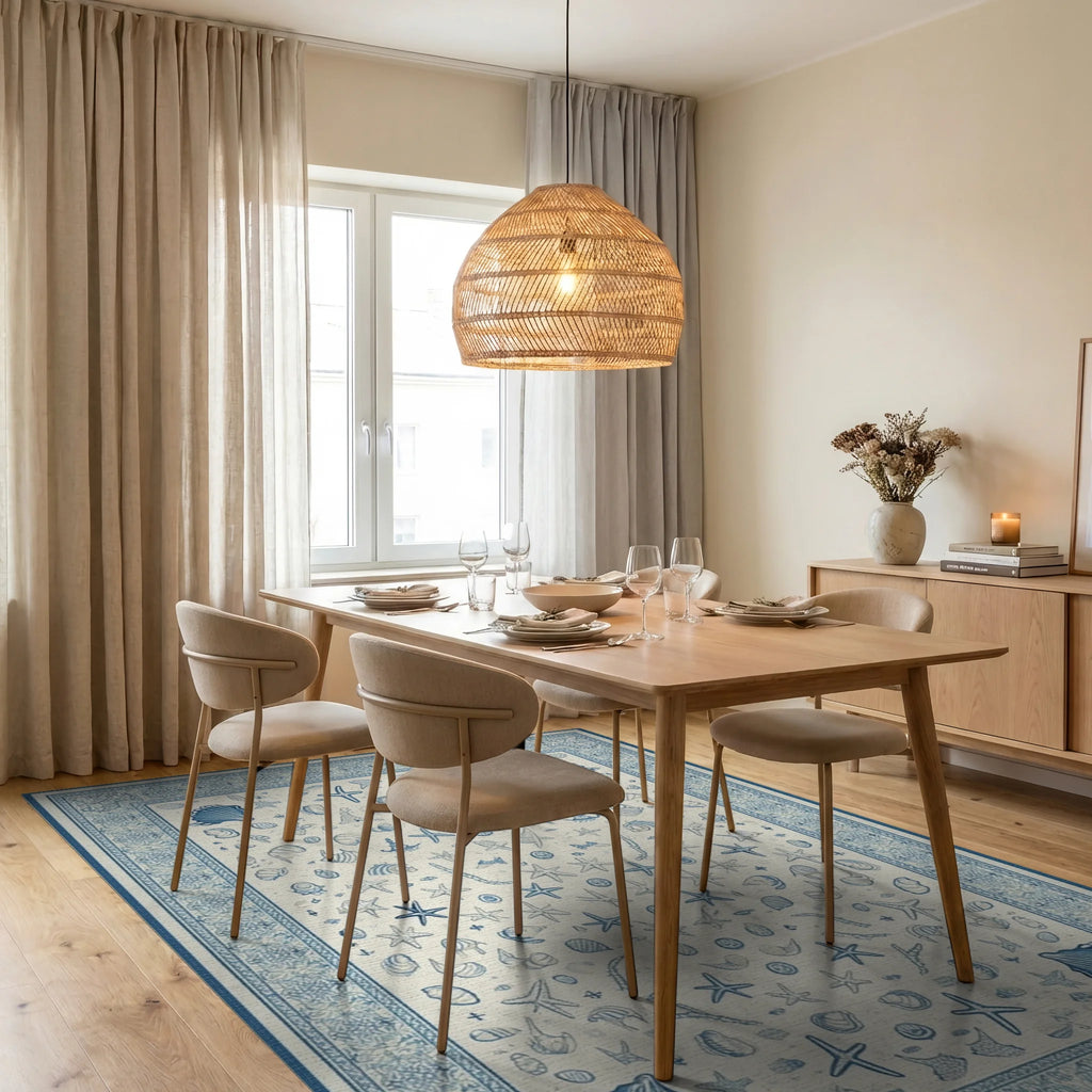 Blue Shell Starfish Coastal All Over Rug - Dining Room View