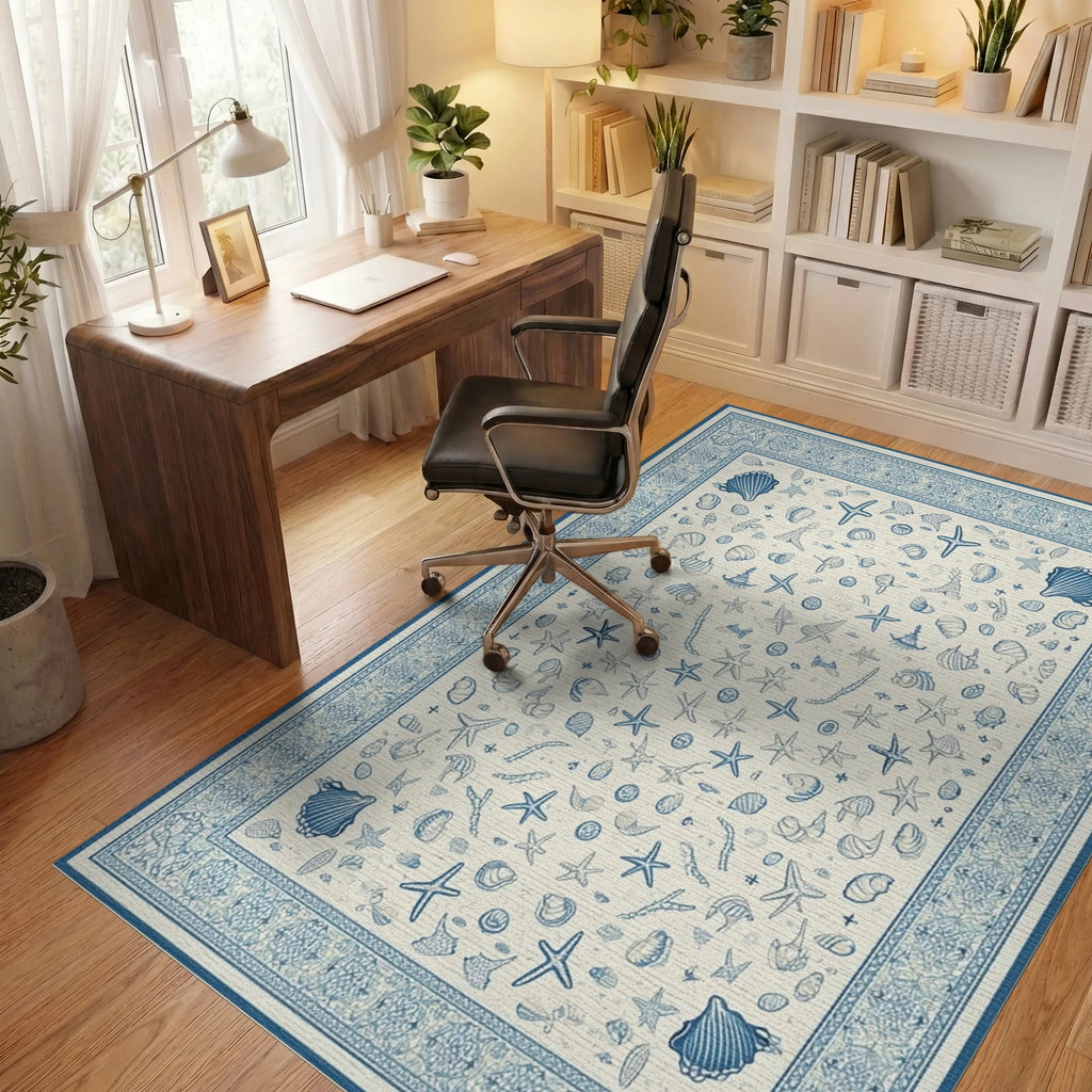 Blue Shell Starfish Coastal All Over Rug - Office View