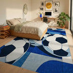 Blue Soccer Balls Geometric Pattern Rug - Bedroom View