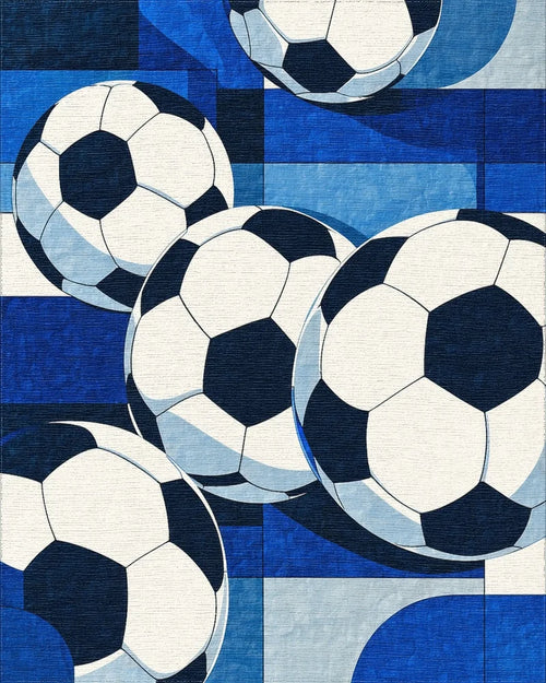 Blue Soccer Balls Geometric Pattern Rug - Cutout View