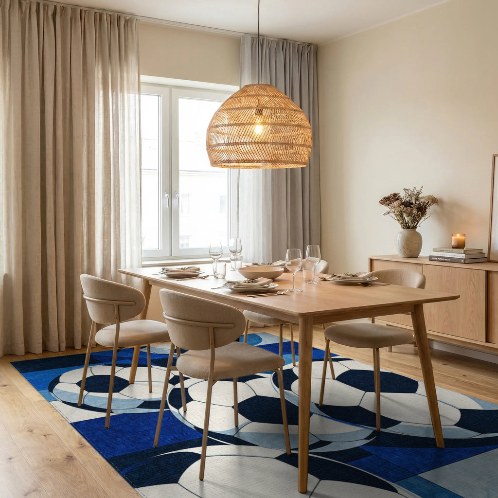 Blue Soccer Balls Geometric Pattern Rug - Dining Room View