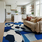 Blue Soccer Balls Geometric Pattern Rug - Living Room View