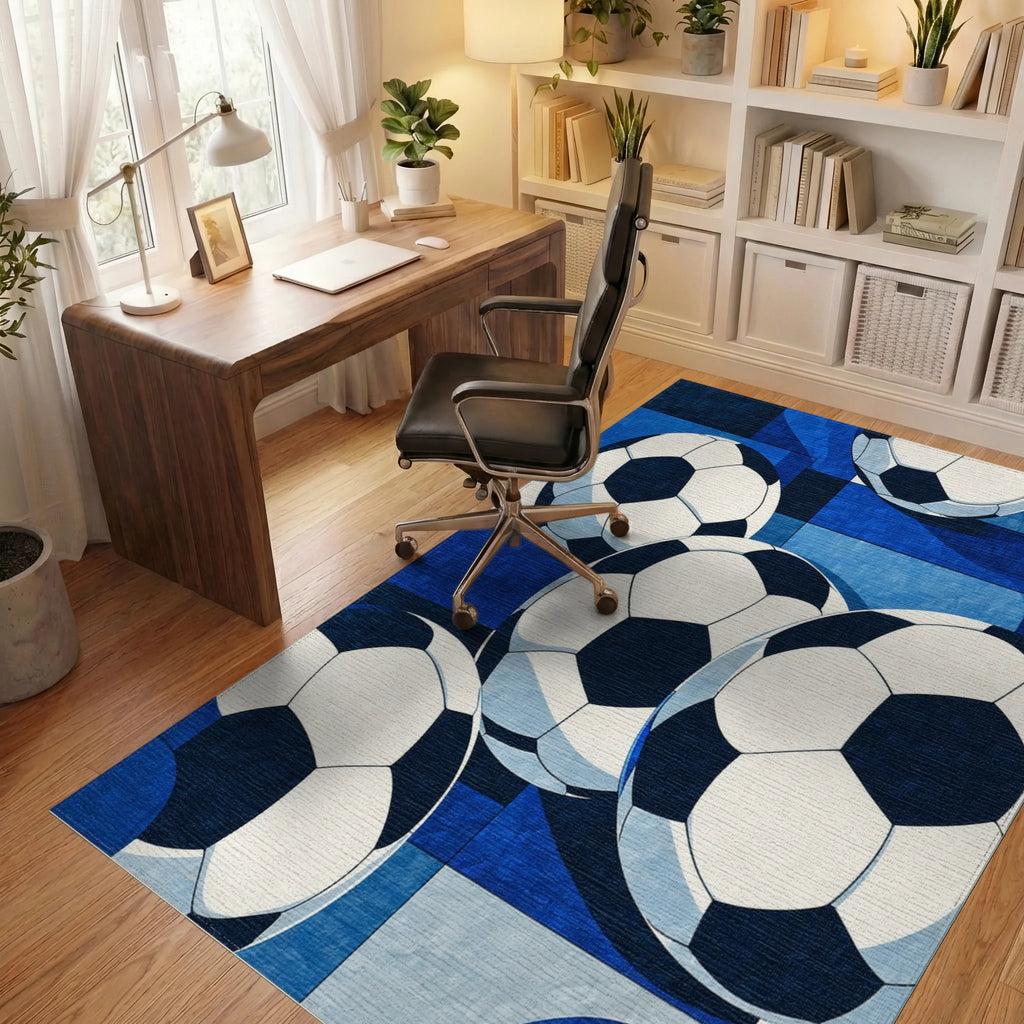 Blue Soccer Balls Geometric Pattern Rug - Office View