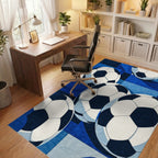 Blue Soccer Balls Geometric Pattern Rug - Office View