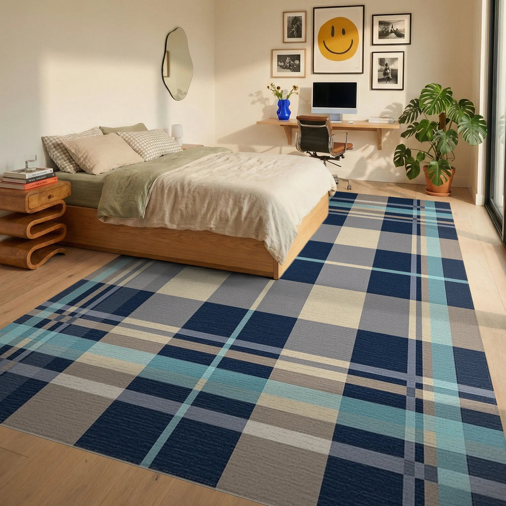 Blue Tan Gray Plaid Square Rug - Bedroom View