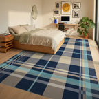 Blue Tan Gray Plaid Square Rug - Bedroom View