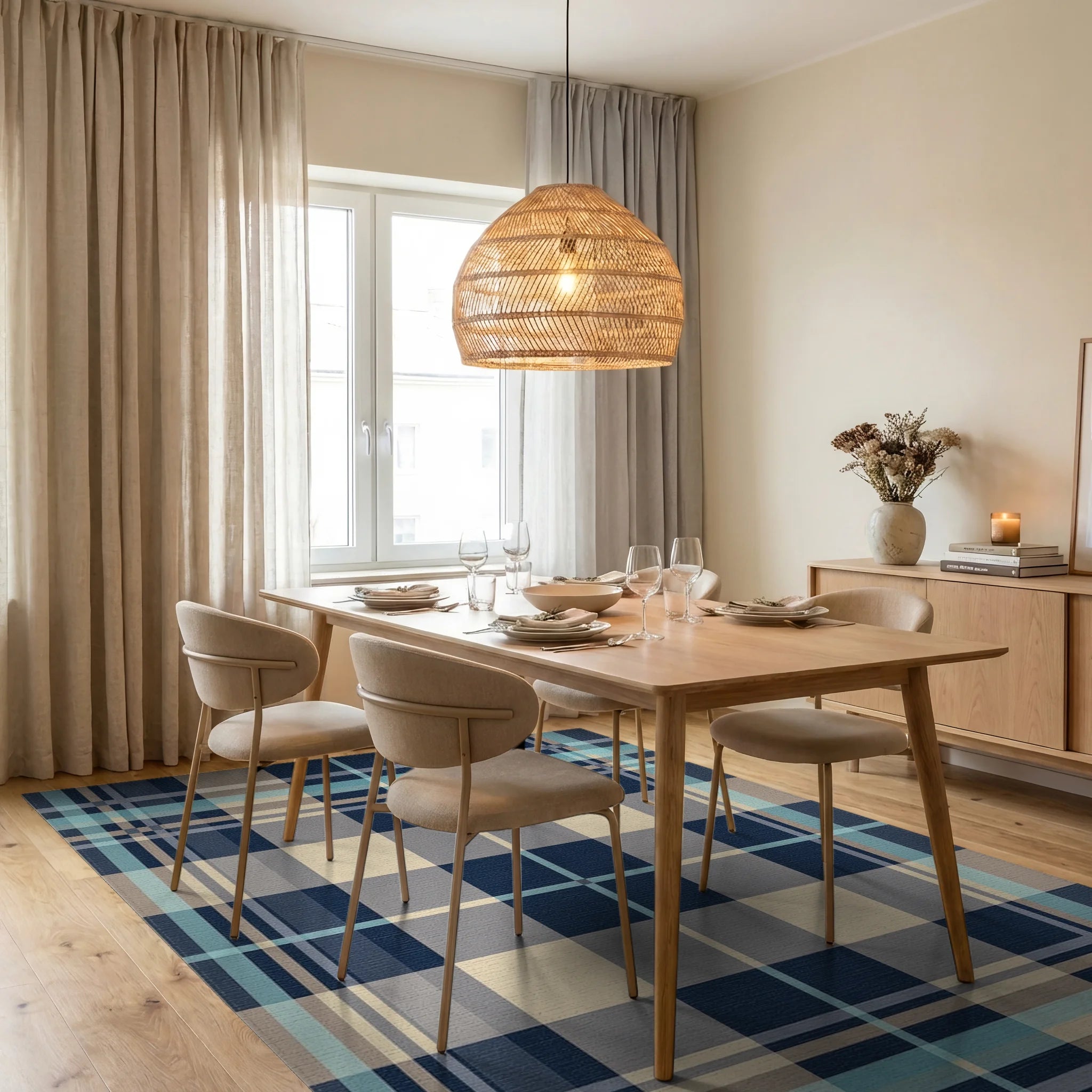 Blue Tan Gray Plaid Square Rug - Dining Room View