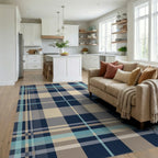 Blue Tan Gray Plaid Square Rug - Living Room View