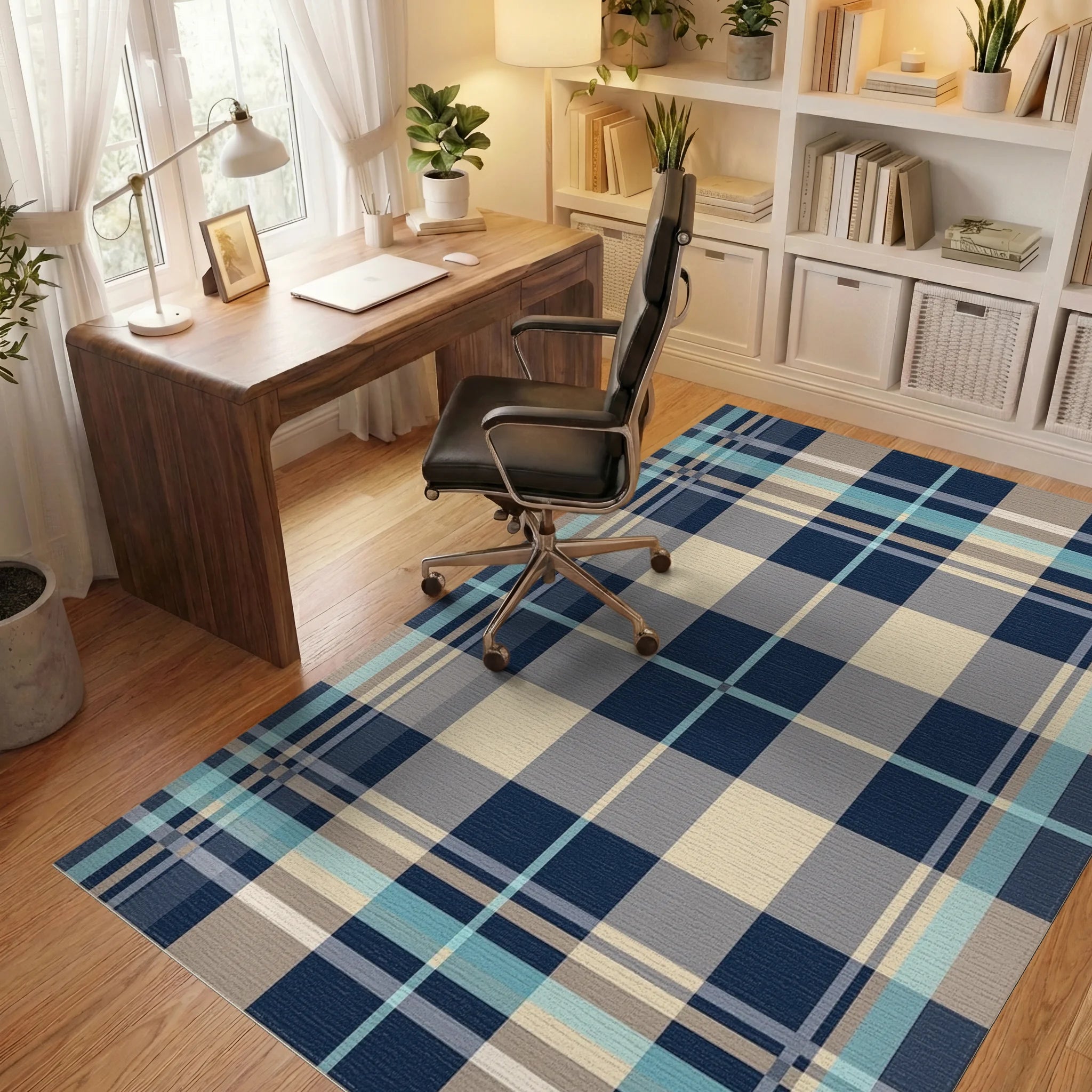 Blue Tan Gray Plaid Square Rug - Office View
