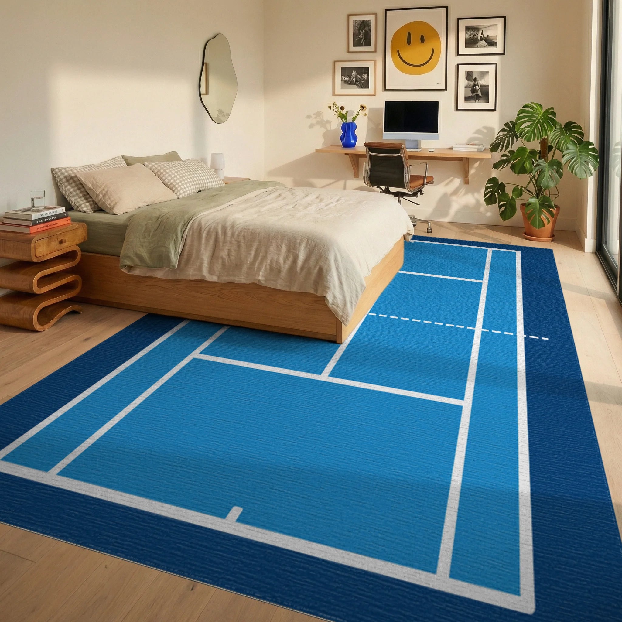 Blue Tennis Court Lines Accent Rug Bedroom View