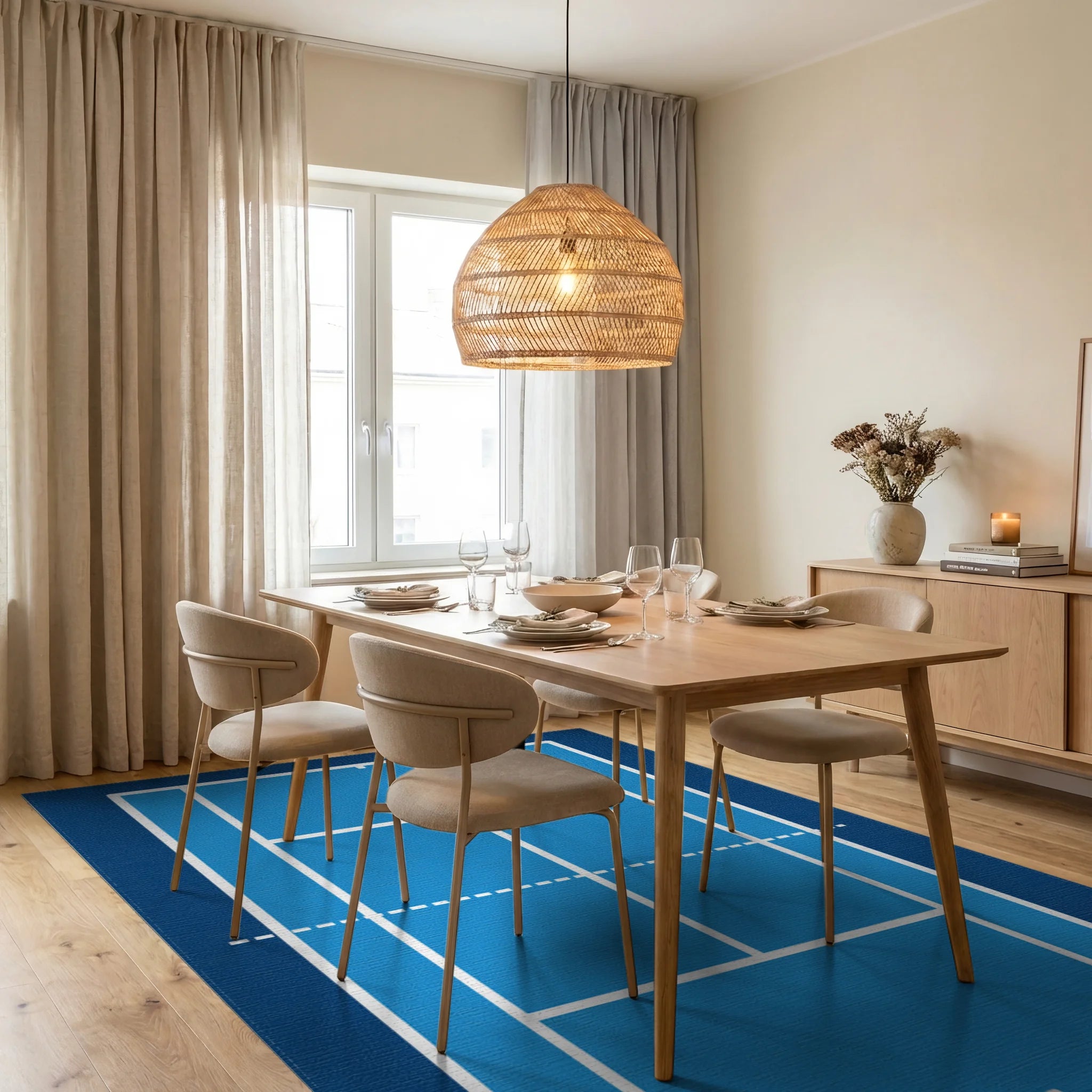 Blue Tennis Court Lines Accent Rug Dining Room View