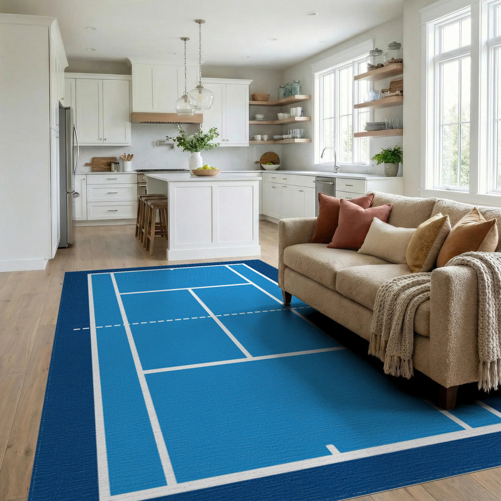 Blue Tennis Court Lines Accent Rug Living Room View