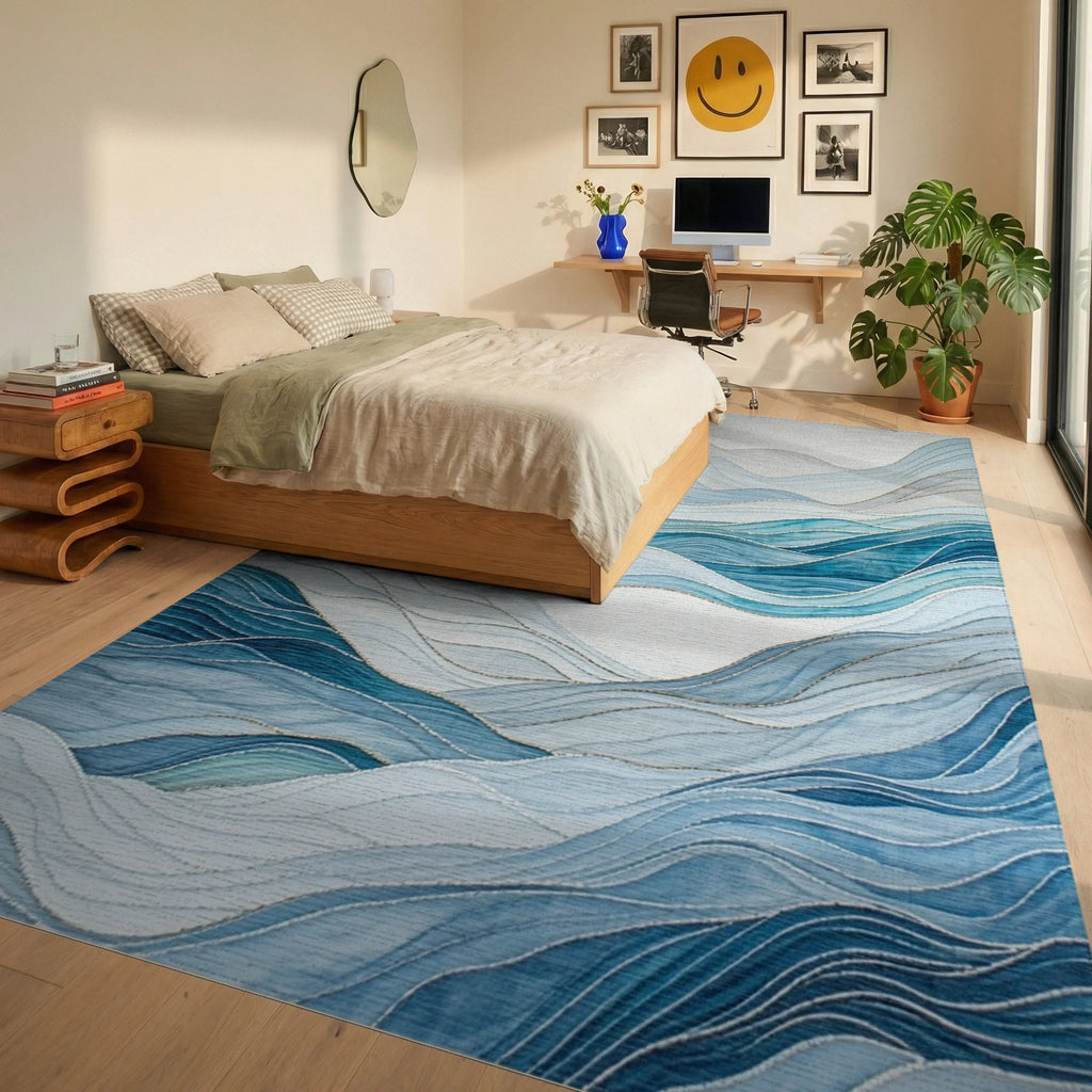 Blue Wave Landscape Abstract Rug - Bedroom View