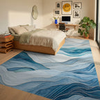 Blue Wave Landscape Abstract Rug - Bedroom View