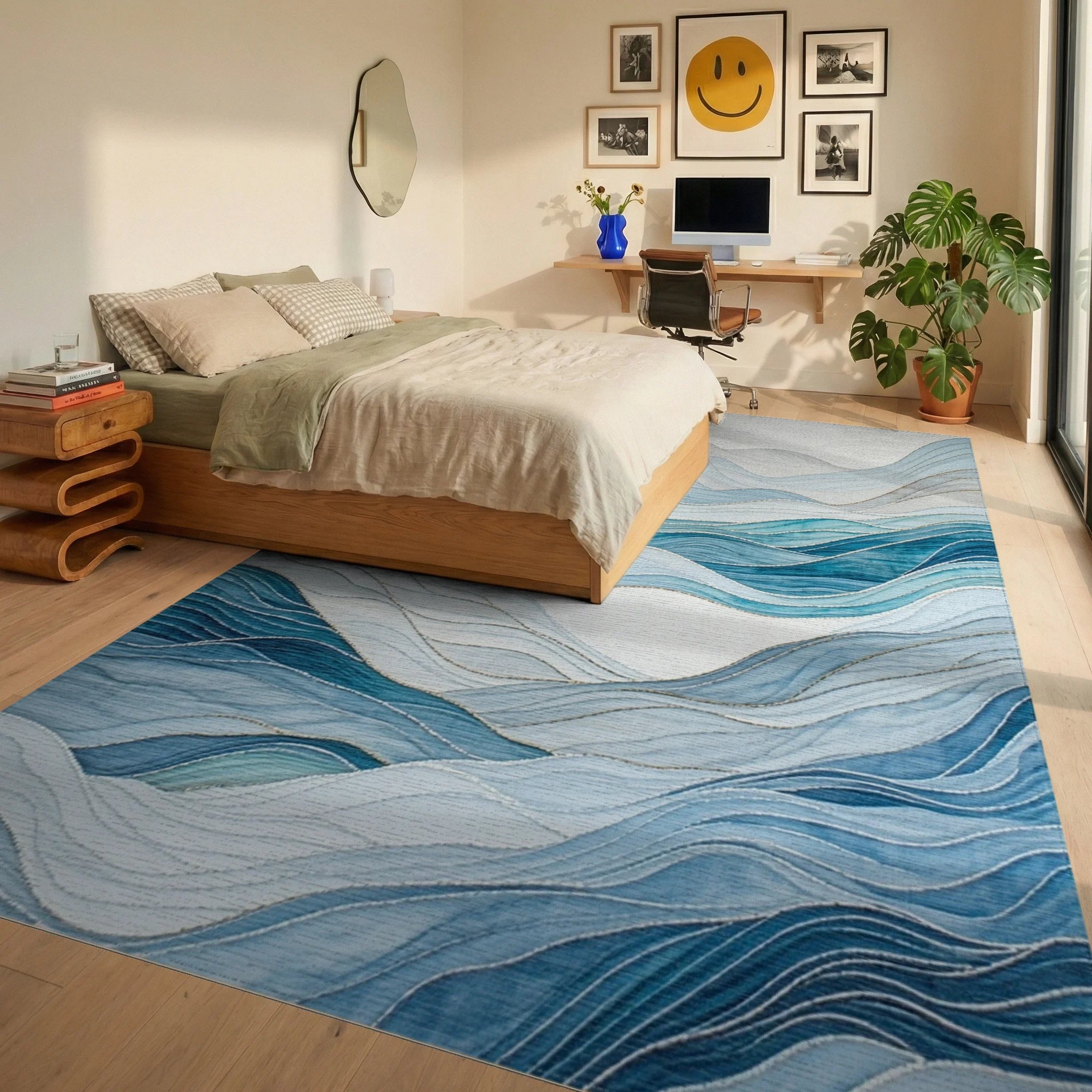Blue Wave Landscape Abstract Rug - Bedroom View