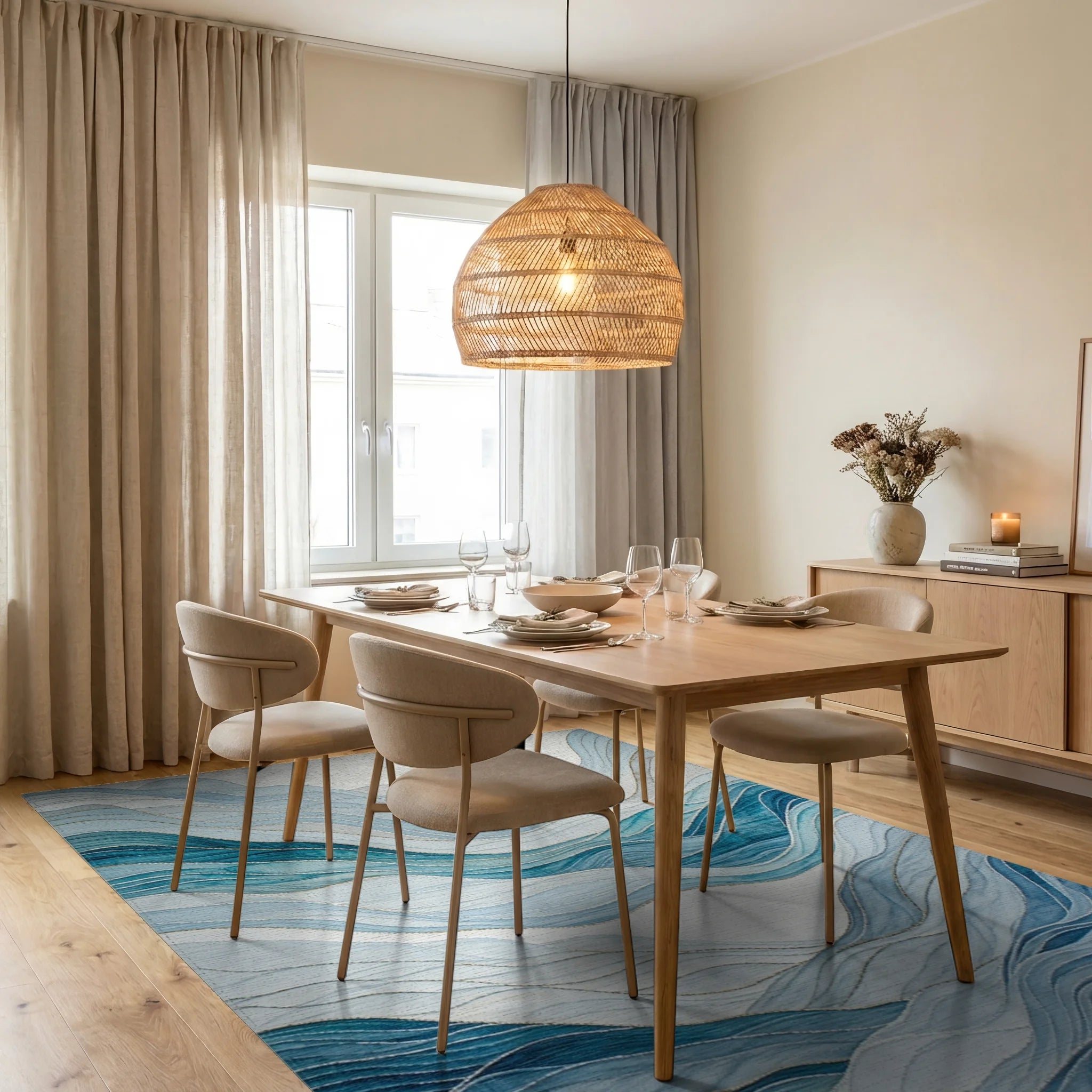 Blue Wave Landscape Abstract Rug - Dining Room View