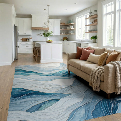 Blue Wave Landscape Abstract Rug - Living Room View