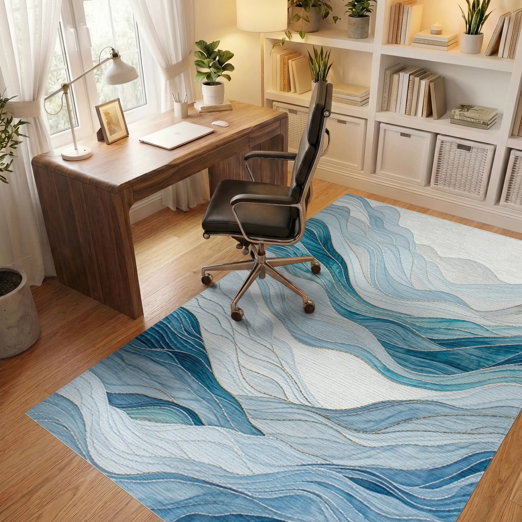 Blue Wave Landscape Abstract Rug - Office View