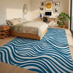 Blue Wavy Stripe Abstract Design Rug Bedroom View