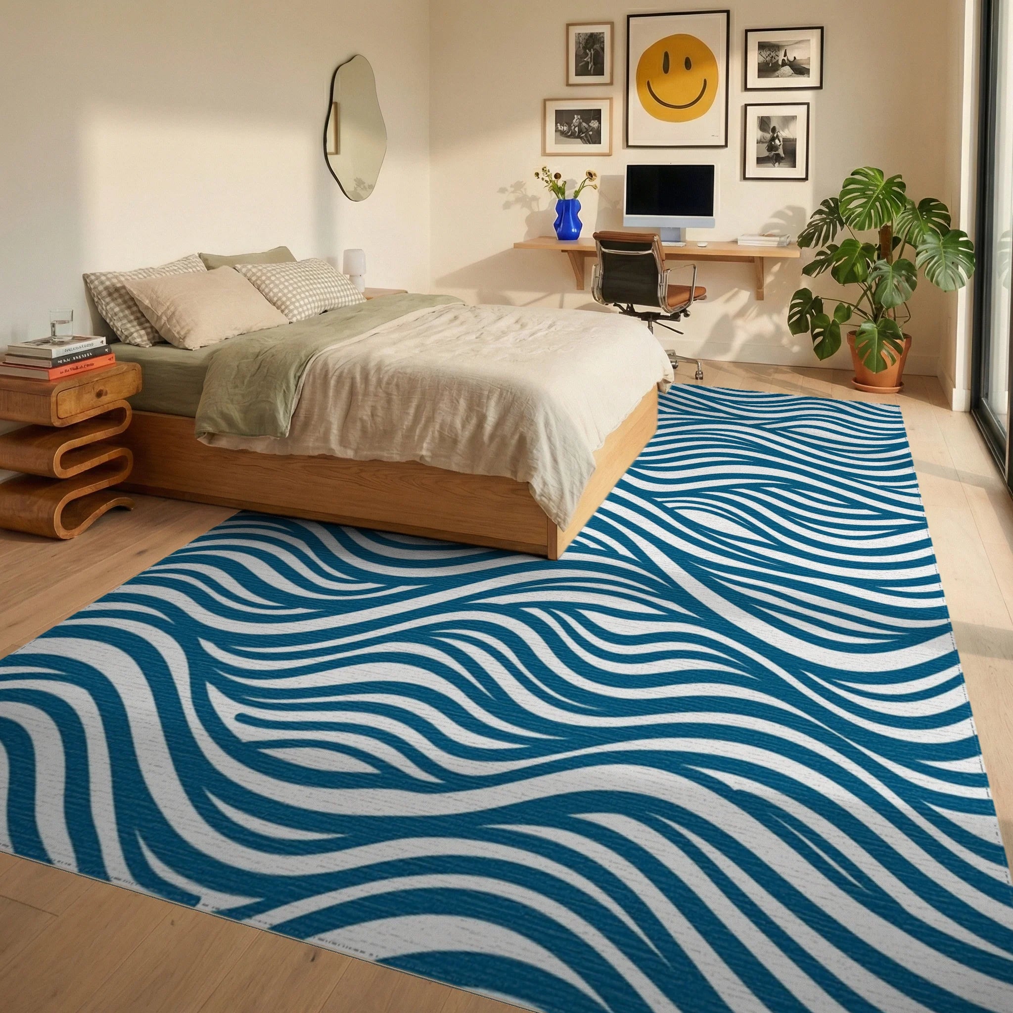Blue Wavy Stripe Abstract Design Rug Bedroom View