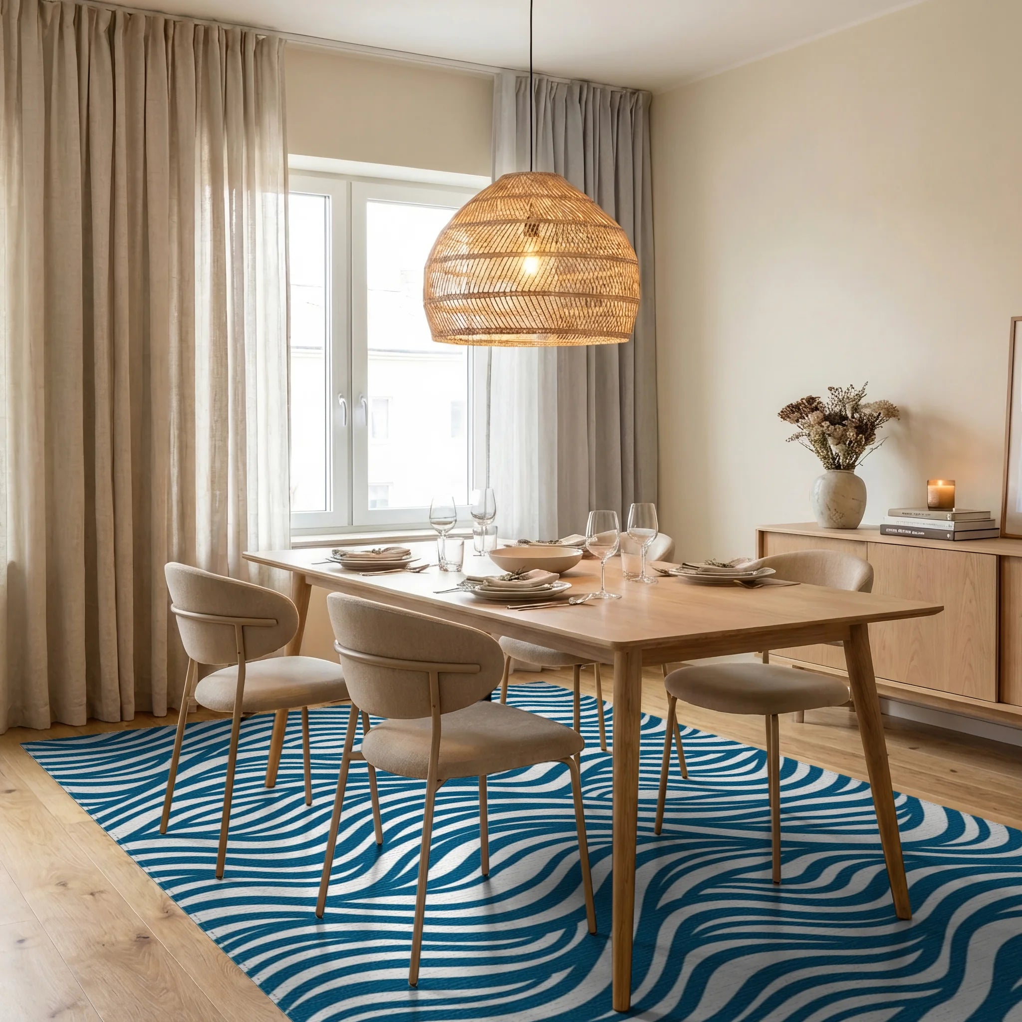 Blue Wavy Stripe Abstract Design Rug Dining Room View