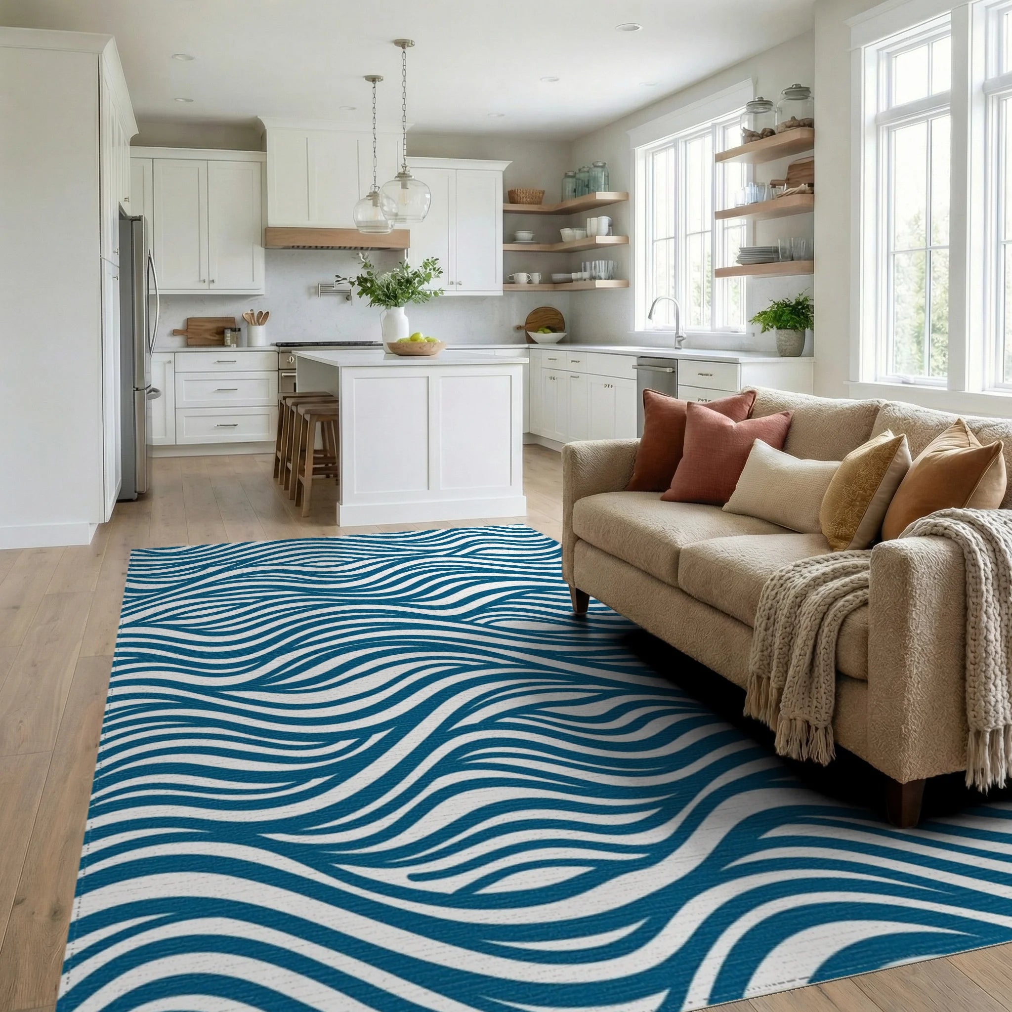 Blue Wavy Stripe Abstract Design Rug Living Room View