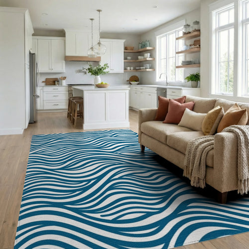Blue Wavy Stripe Abstract Design Rug Living Room View