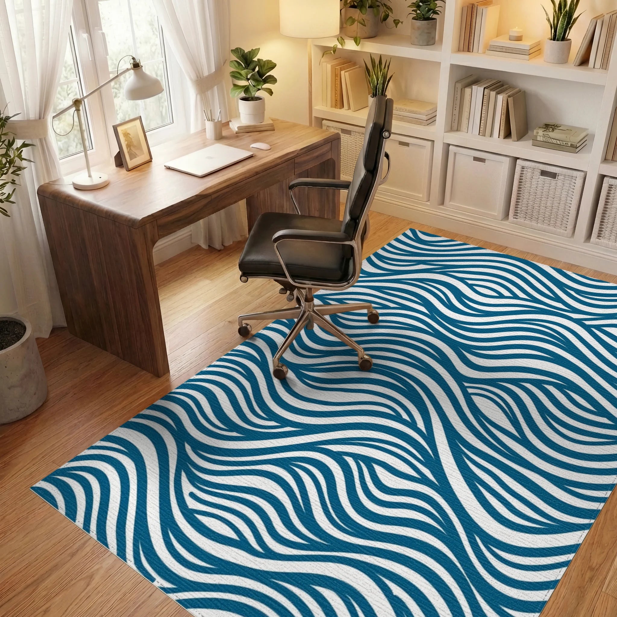 Blue Wavy Stripe Abstract Design Rug Office View
