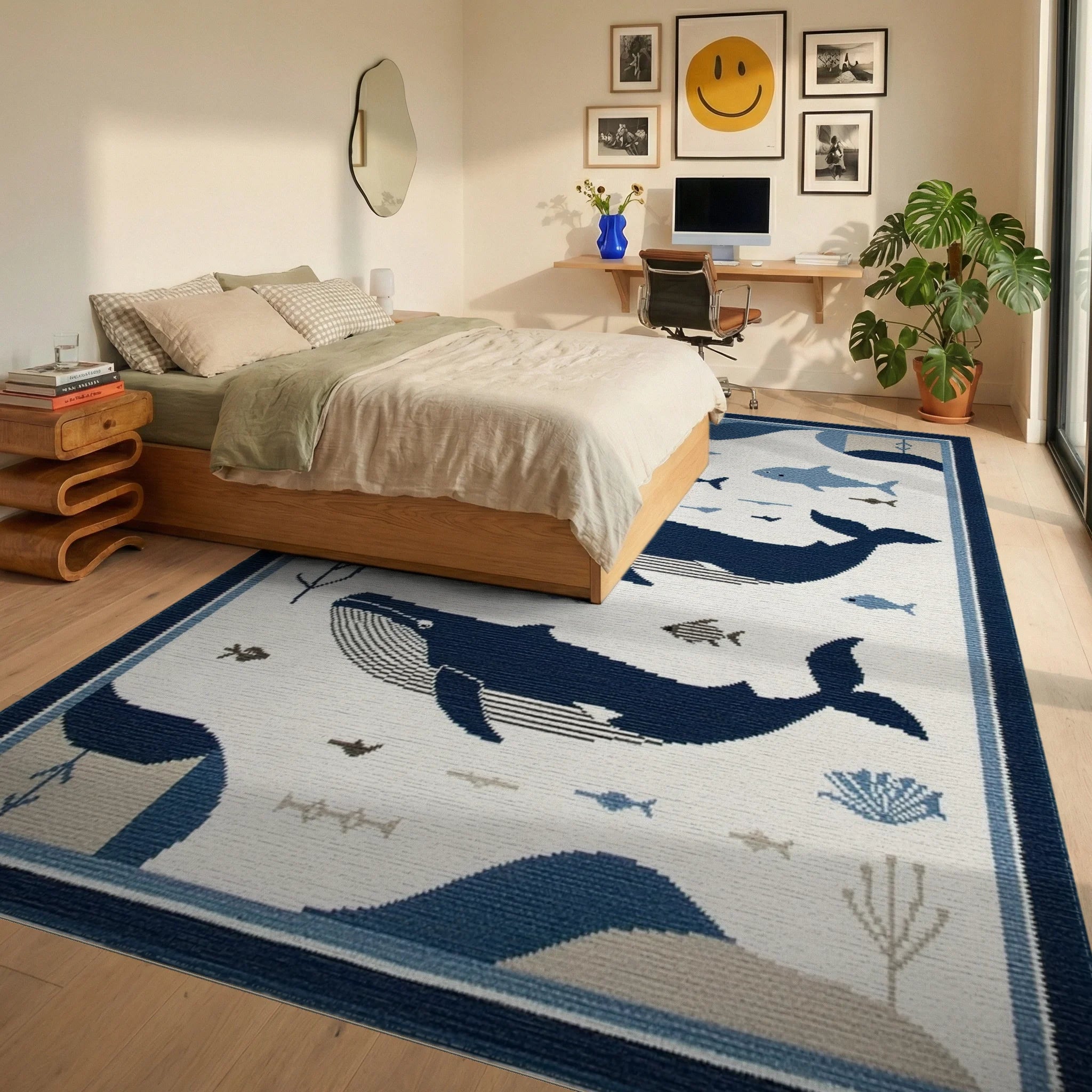 Blue Whale Aquatic Scene Tapestry Rug - Bedroom View