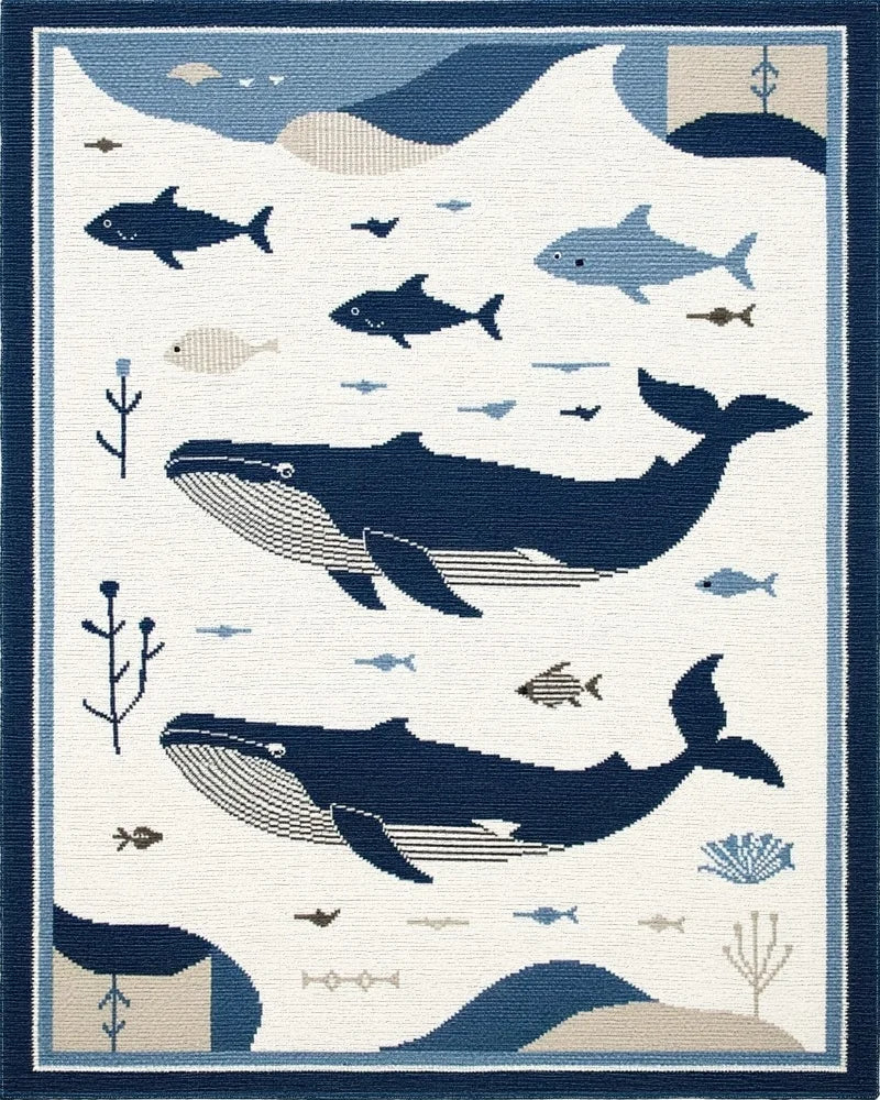 Blue Whale Aquatic Scene Tapestry Rug - Cutout View