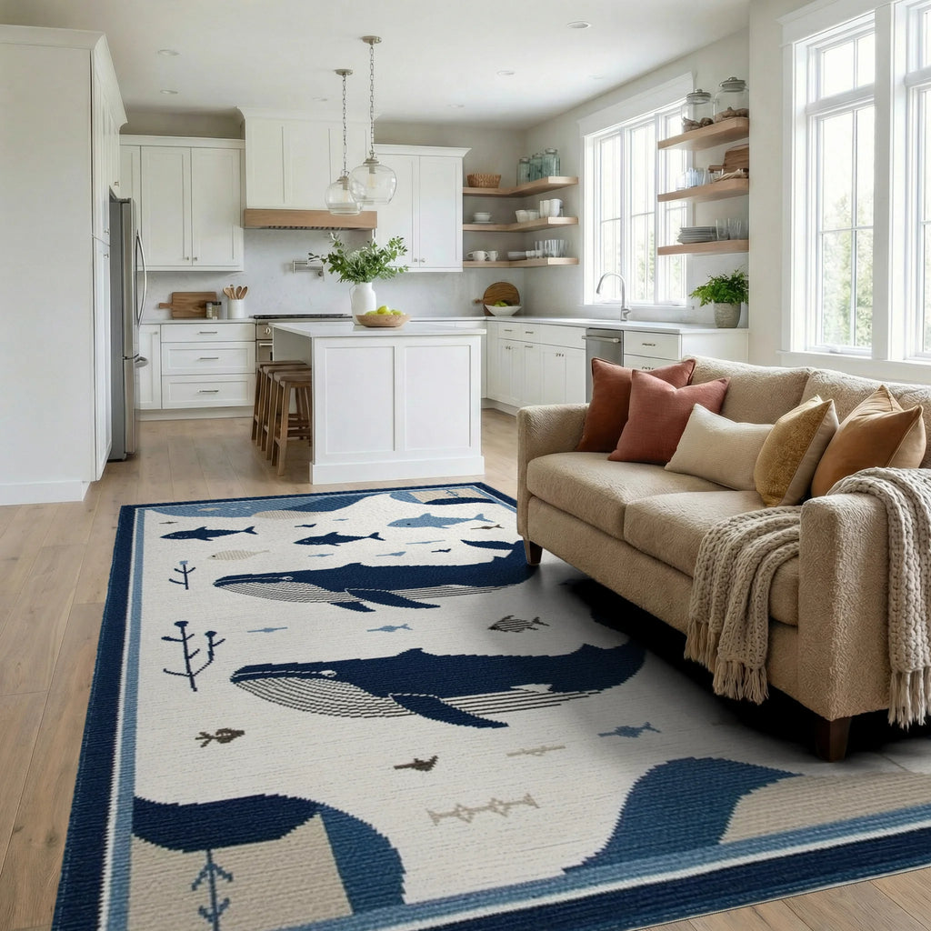Blue Whale Aquatic Scene Tapestry Rug - Living Room View