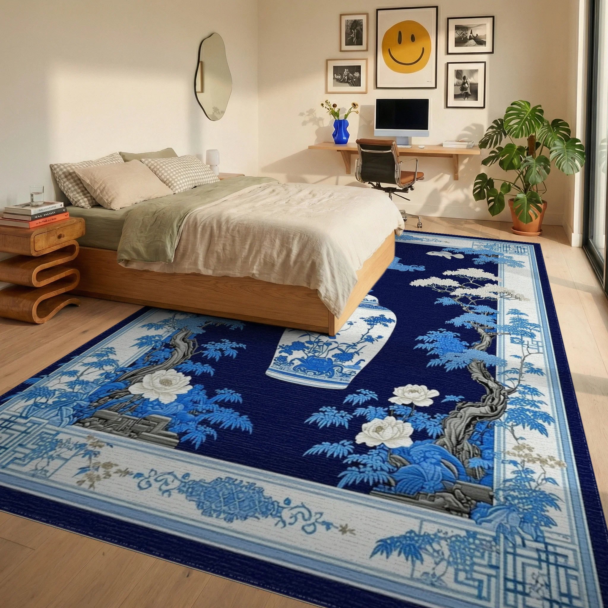 Blue White Chinoiserie Vase Floral Rug - Bedroom View