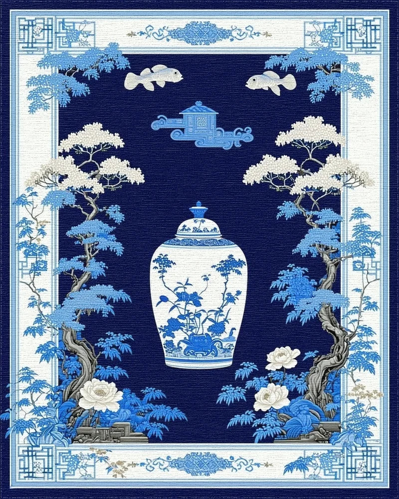 Blue White Chinoiserie Vase Floral Rug - Cutout View