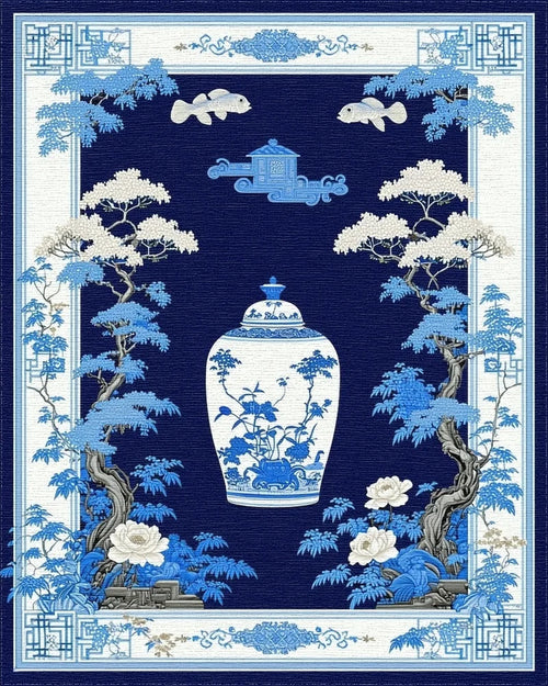 Blue White Chinoiserie Vase Floral Rug - Cutout View