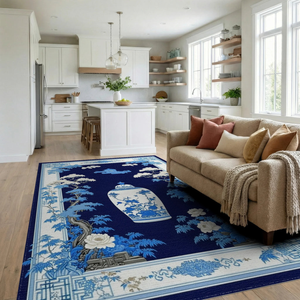 Blue White Chinoiserie Vase Floral Rug - Living Room View