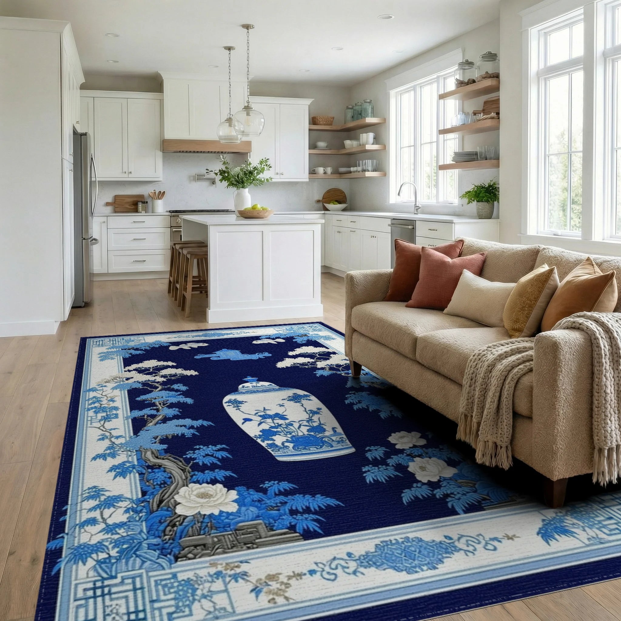 Blue White Chinoiserie Vase Floral Rug - Living Room View