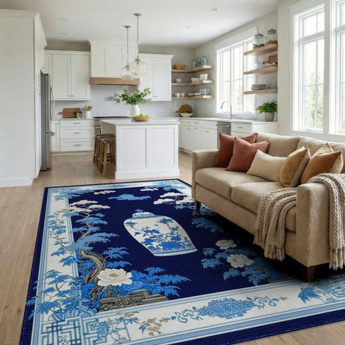 Blue White Chinoiserie Vase Floral Rug - Living Room View