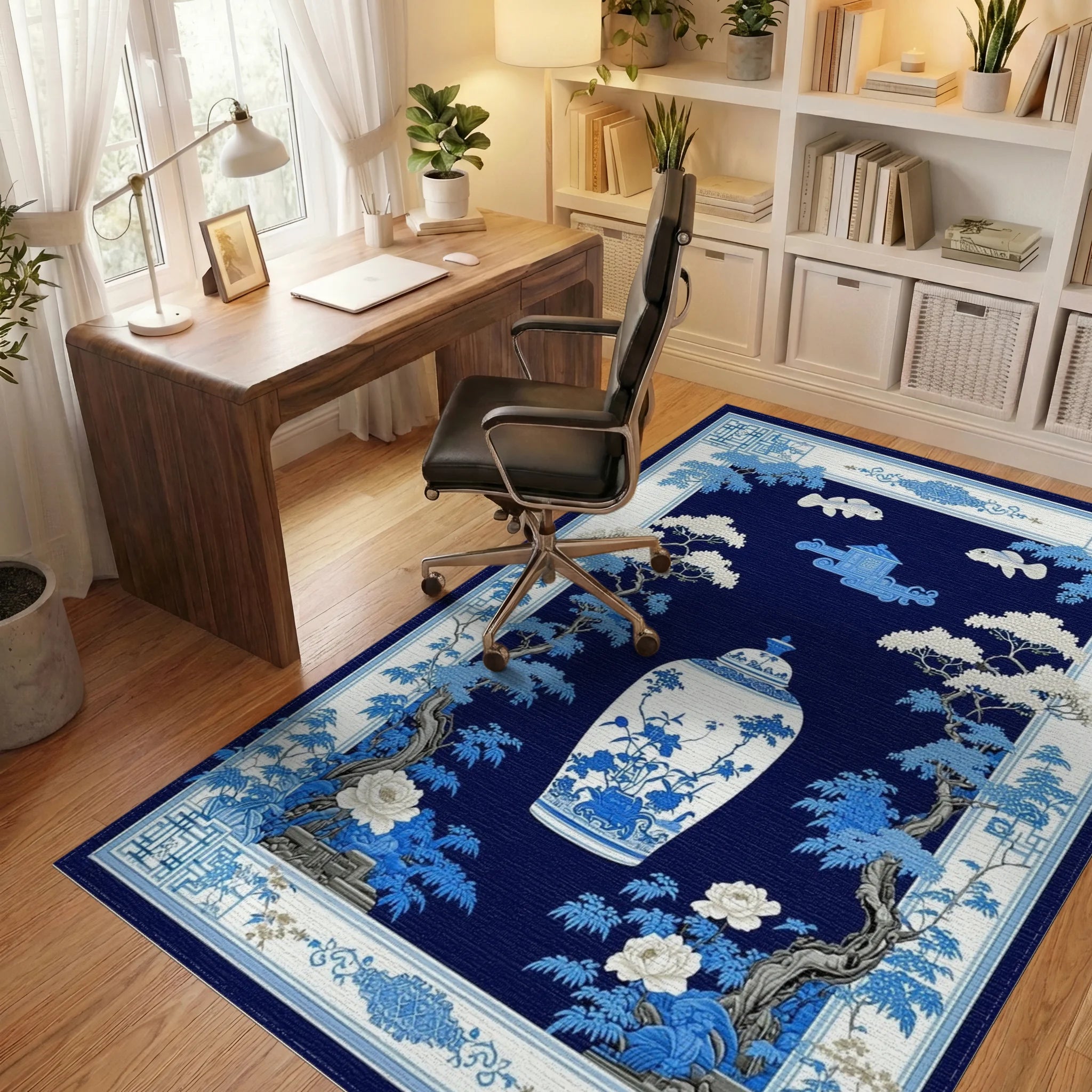 Blue White Chinoiserie Vase Floral Rug - Office View