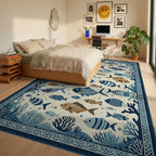 Blue White Fish Coral Oceanic Scene Rug - Bedroom View