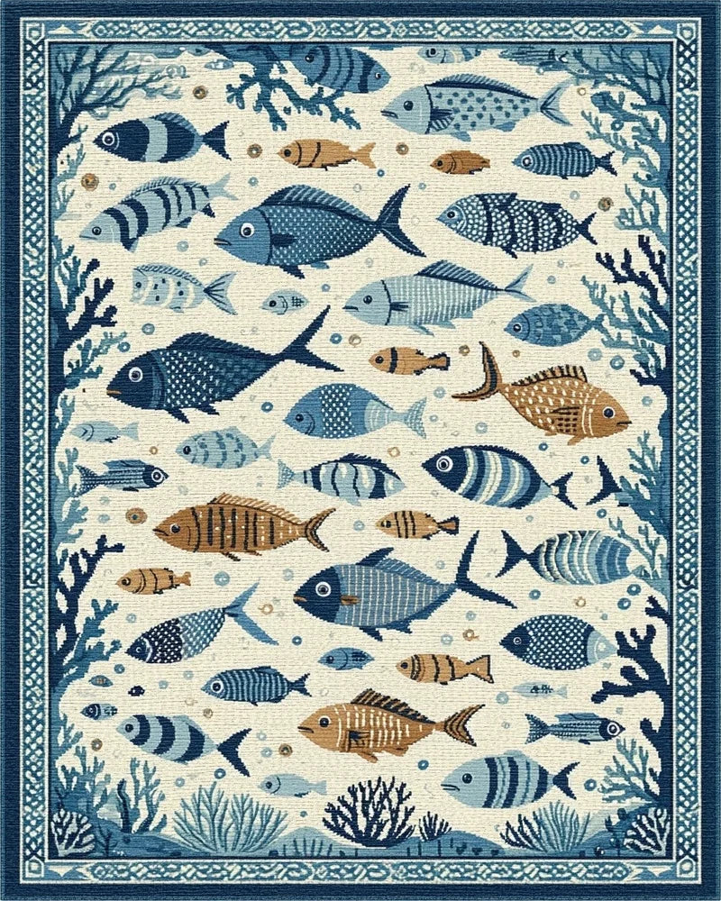 Blue White Fish Coral Oceanic Scene Rug - Cutout View