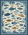 Blue White Fish Coral Oceanic Scene Rug - Cutout View