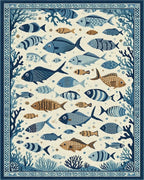 Blue White Fish Coral Oceanic Scene Rug - Cutout View