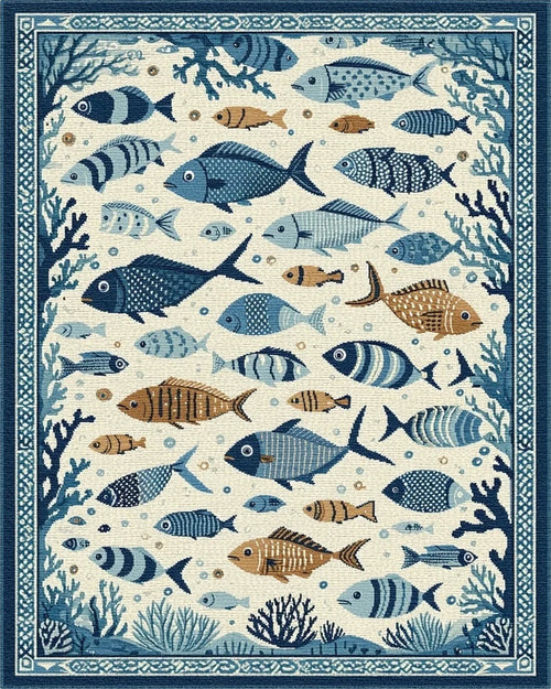 Blue White Fish Coral Oceanic Scene Rug - Cutout View